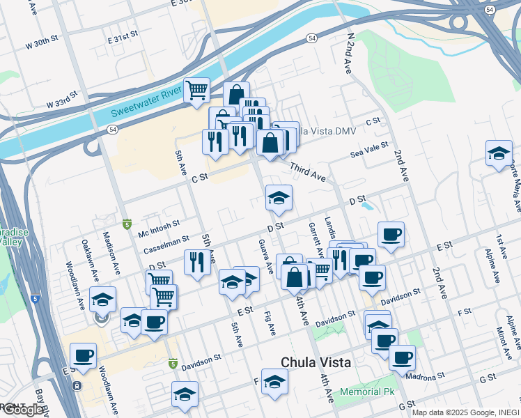 map of restaurants, bars, coffee shops, grocery stores, and more near 88 4th Avenue in Chula Vista