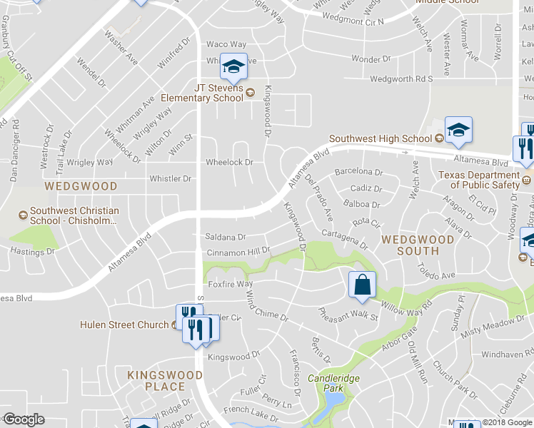 map of restaurants, bars, coffee shops, grocery stores, and more near 4529 Altamesa Boulevard in Fort Worth