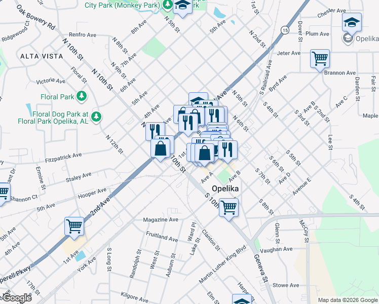 map of restaurants, bars, coffee shops, grocery stores, and more near 901 1st Avenue in Opelika