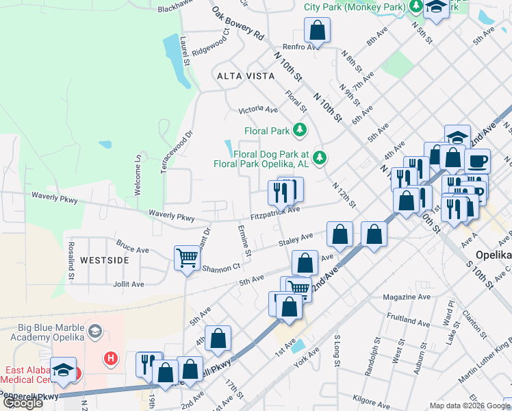map of restaurants, bars, coffee shops, grocery stores, and more near 401-499 West Hunter Avenue in Opelika