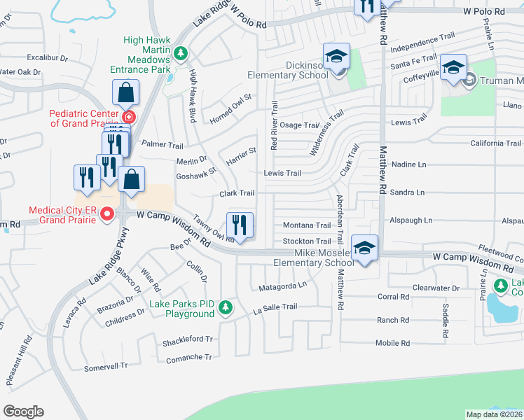 map of restaurants, bars, coffee shops, grocery stores, and more near 5214 Silver Trail in Grand Prairie