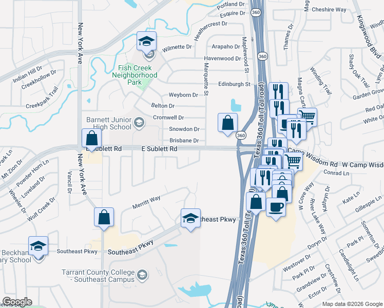 map of restaurants, bars, coffee shops, grocery stores, and more near 6006 Prairie Wood Court in Arlington