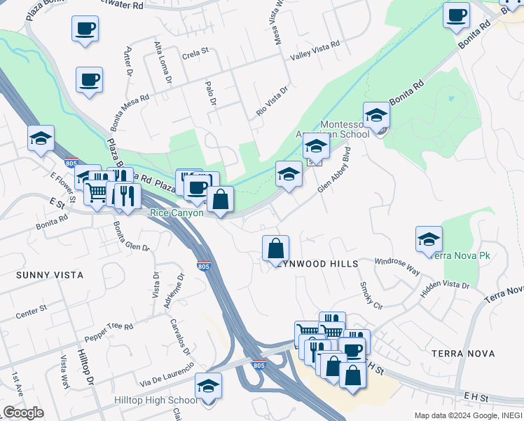 map of restaurants, bars, coffee shops, grocery stores, and more near 3166 Bonita Road in Chula Vista