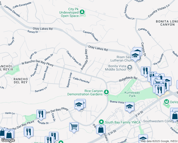 map of restaurants, bars, coffee shops, grocery stores, and more near 1208 Positas Road in Chula Vista