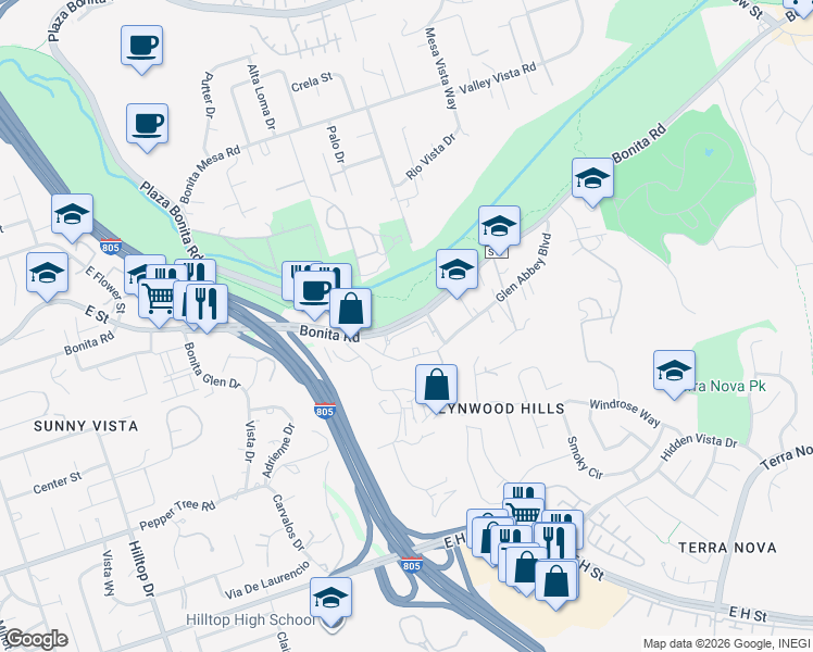 map of restaurants, bars, coffee shops, grocery stores, and more near 3150 Glen Abbey Boulevard in Chula Vista