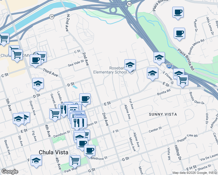 map of restaurants, bars, coffee shops, grocery stores, and more near 166A Las Flores Drive in Chula Vista