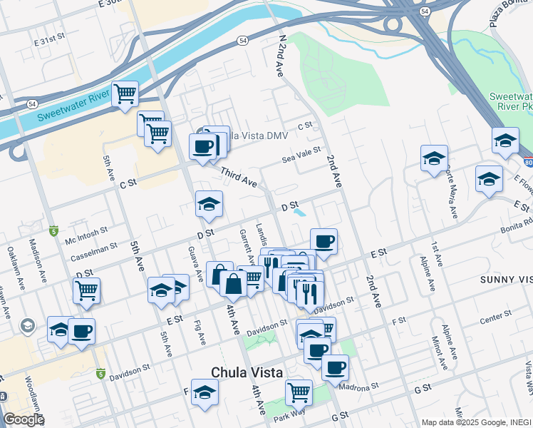map of restaurants, bars, coffee shops, grocery stores, and more near 114 3rd Avenue in Chula Vista