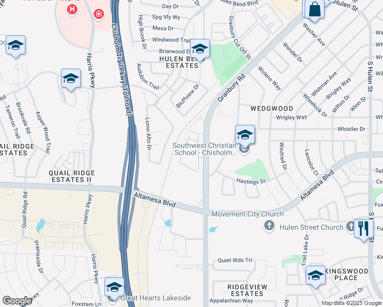 map of restaurants, bars, coffee shops, grocery stores, and more near 6869 Bayline Drive in Fort Worth