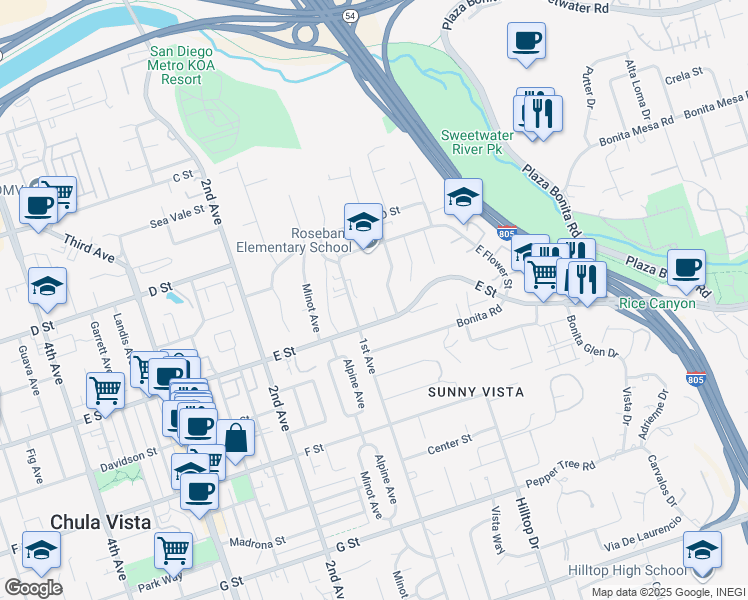 map of restaurants, bars, coffee shops, grocery stores, and more near 185 Corte Helena Avenue in Chula Vista