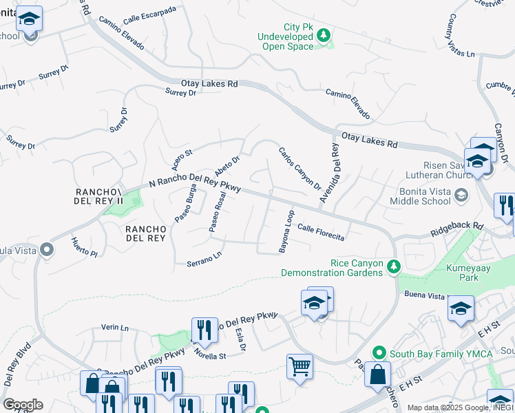 map of restaurants, bars, coffee shops, grocery stores, and more near 512 Bayona Loop in Chula Vista