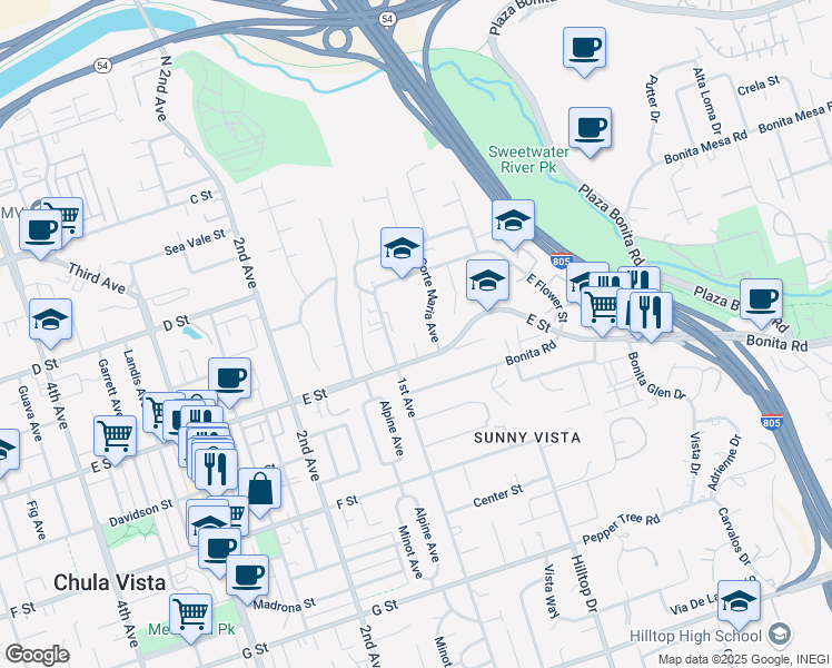 map of restaurants, bars, coffee shops, grocery stores, and more near 185 Corte Helena Avenue in Chula Vista