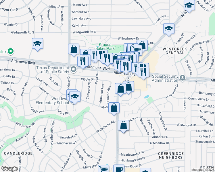 map of restaurants, bars, coffee shops, grocery stores, and more near 6601 El Greco Avenue in Fort Worth