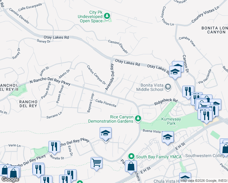 map of restaurants, bars, coffee shops, grocery stores, and more near 593 Vista Miranda in Chula Vista