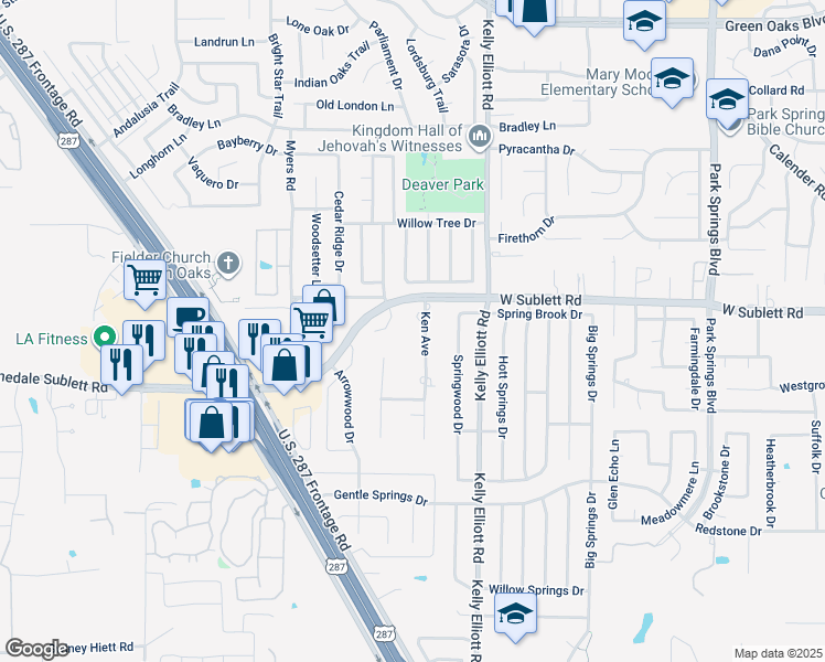 map of restaurants, bars, coffee shops, grocery stores, and more near 6103 Windsong Drive in Arlington