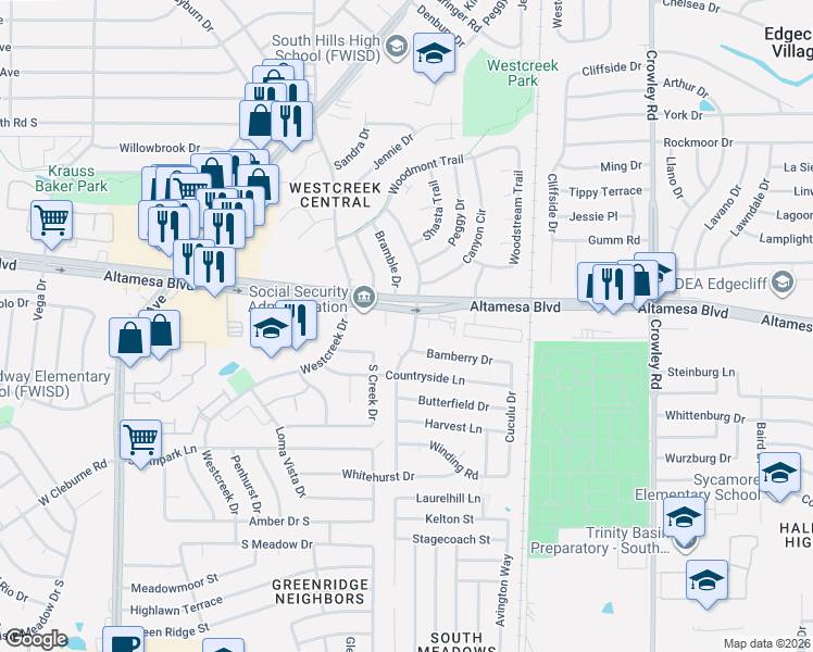 map of restaurants, bars, coffee shops, grocery stores, and more near 6612 Brookhaven Court in Fort Worth
