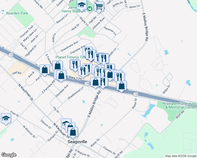 map of restaurants, bars, coffee shops, grocery stores, and more near 220 U.S. 175 Frontage Road in Seagoville