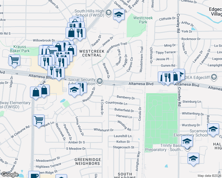 map of restaurants, bars, coffee shops, grocery stores, and more near 6612 Brookhaven Court in Fort Worth