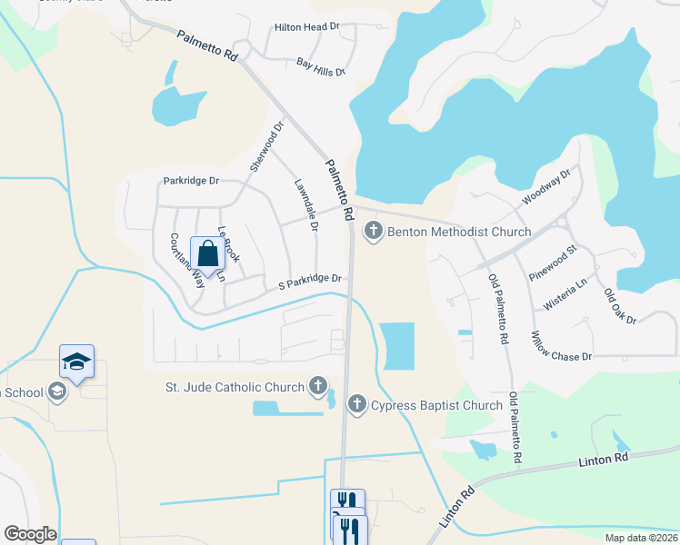 map of restaurants, bars, coffee shops, grocery stores, and more near 107 South Parkridge Drive in Benton