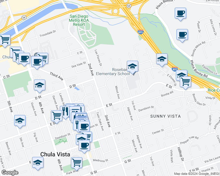 map of restaurants, bars, coffee shops, grocery stores, and more near 123 Las Flores Drive in Chula Vista