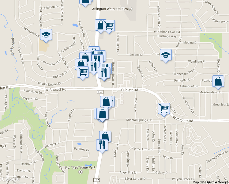 map of restaurants, bars, coffee shops, grocery stores, and more near 1200 West Sublett Road in Arlington