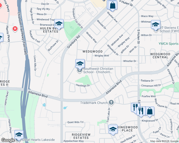 map of restaurants, bars, coffee shops, grocery stores, and more near 6807 Trail Lake Drive in Fort Worth