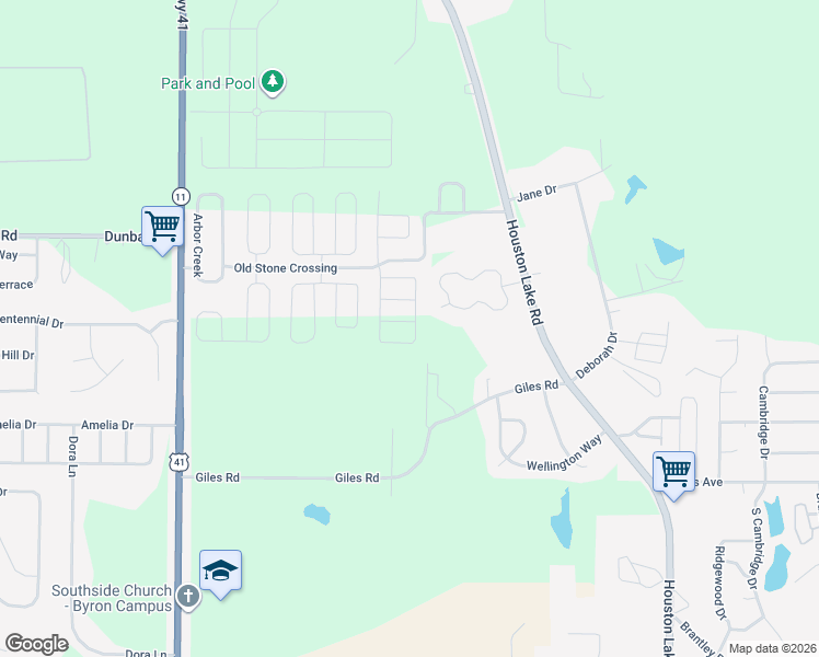 map of restaurants, bars, coffee shops, grocery stores, and more near 133 Giles Road in Warner Robins