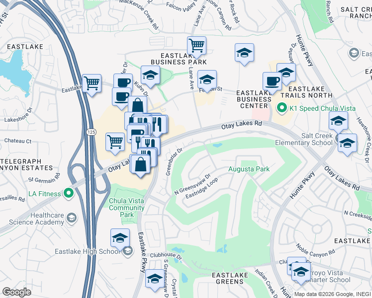 map of restaurants, bars, coffee shops, grocery stores, and more near 2381 Fairway Oaks Drive in Chula Vista