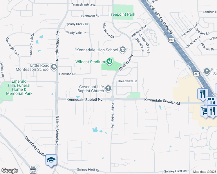 map of restaurants, bars, coffee shops, grocery stores, and more near 1121 Kennedale Sublett Road in Kennedale
