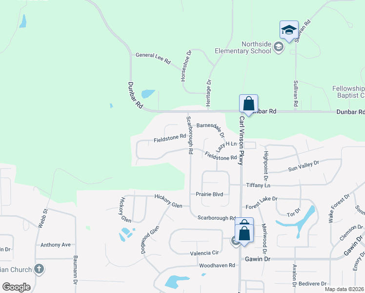 map of restaurants, bars, coffee shops, grocery stores, and more near 405 Scarborough Road in Warner Robins