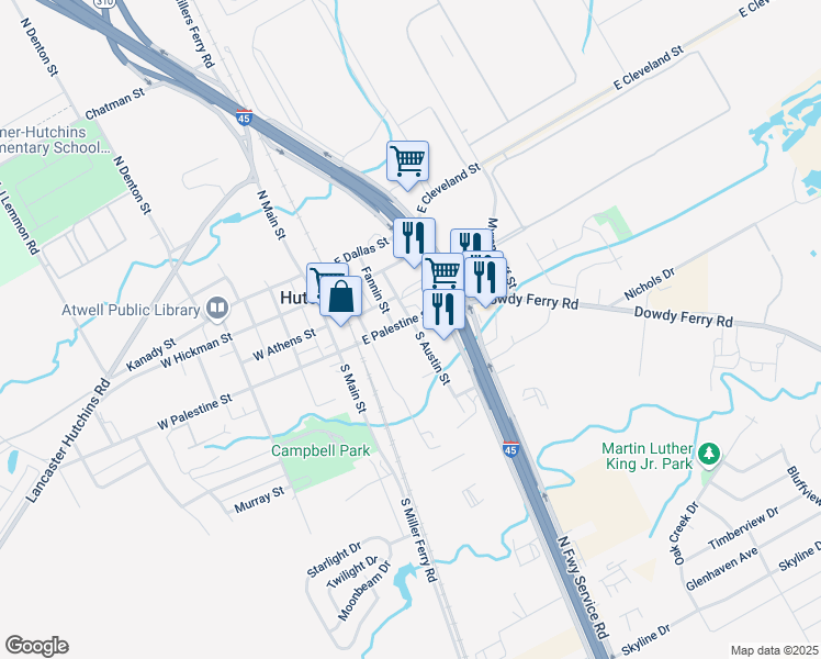 map of restaurants, bars, coffee shops, grocery stores, and more near 401 East Palestine Street in Hutchins