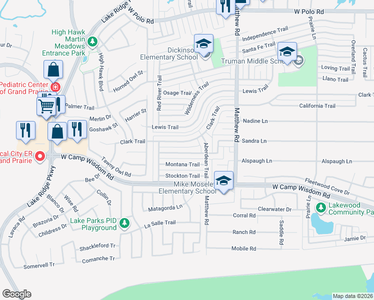 map of restaurants, bars, coffee shops, grocery stores, and more near 2018 Clark Trail in Grand Prairie
