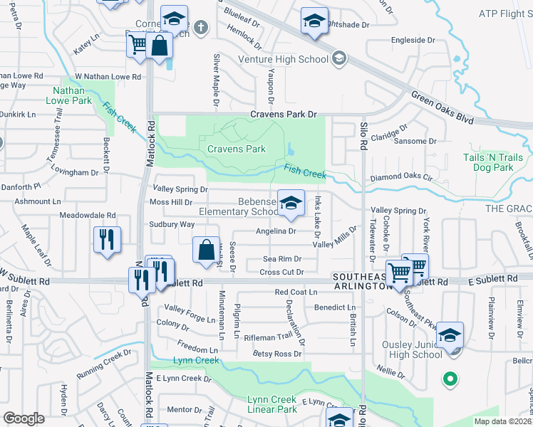 map of restaurants, bars, coffee shops, grocery stores, and more near 415 Faircrest Drive in Arlington