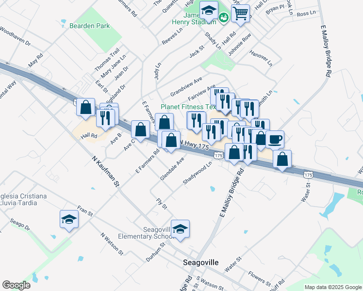 map of restaurants, bars, coffee shops, grocery stores, and more near U.S. 175 in Seagoville