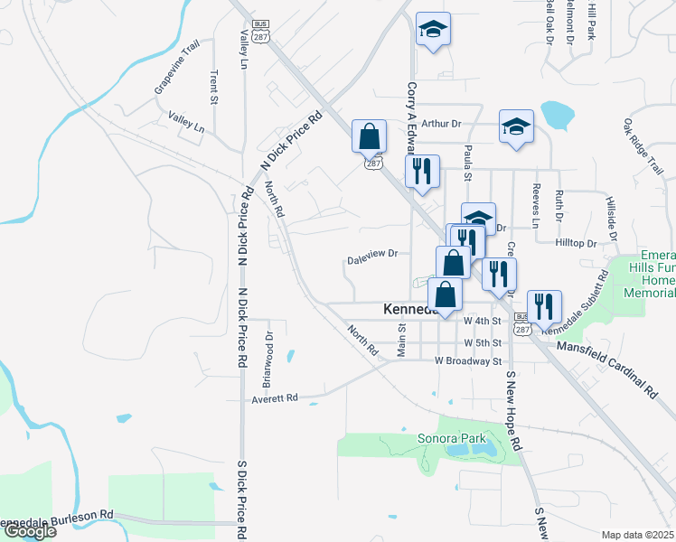 map of restaurants, bars, coffee shops, grocery stores, and more near 336 Daleview Dr in Kennedale