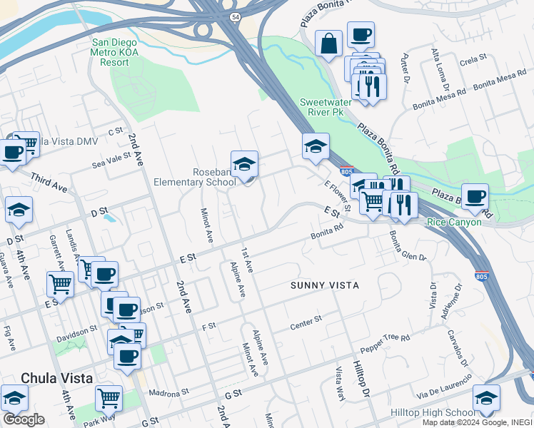 map of restaurants, bars, coffee shops, grocery stores, and more near 181 Corte Maria Avenue in Chula Vista