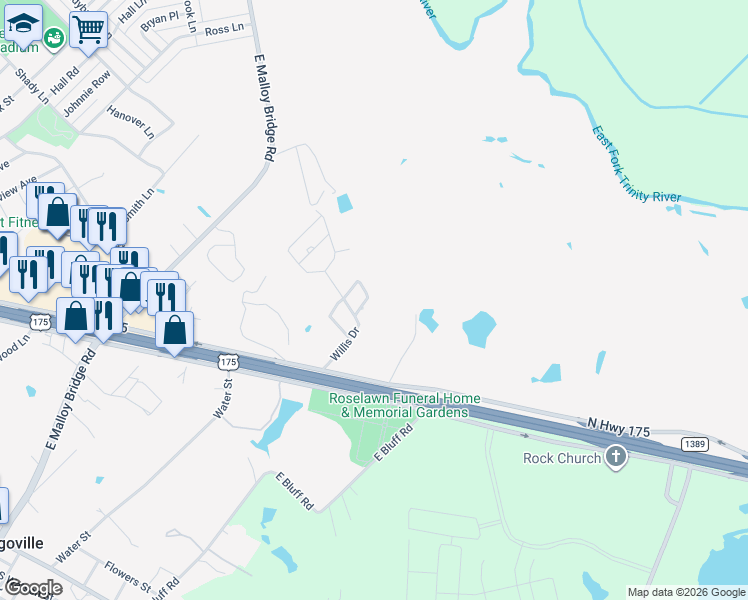 map of restaurants, bars, coffee shops, grocery stores, and more near 501 Barry Drive in Seagoville