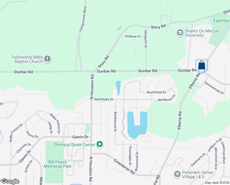 map of restaurants, bars, coffee shops, grocery stores, and more near 121 Northlake Dr in Warner Robins