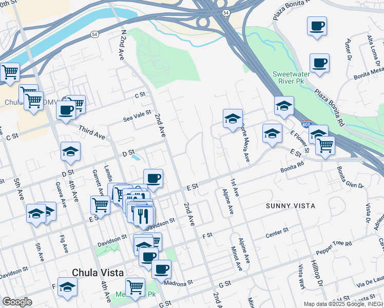 map of restaurants, bars, coffee shops, grocery stores, and more near 174 D Street in Chula Vista