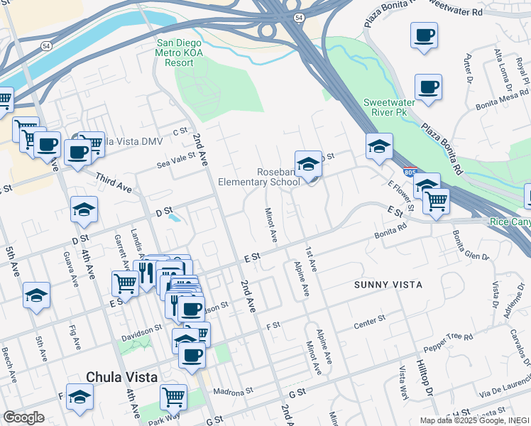 map of restaurants, bars, coffee shops, grocery stores, and more near 135 Minot Avenue in Chula Vista