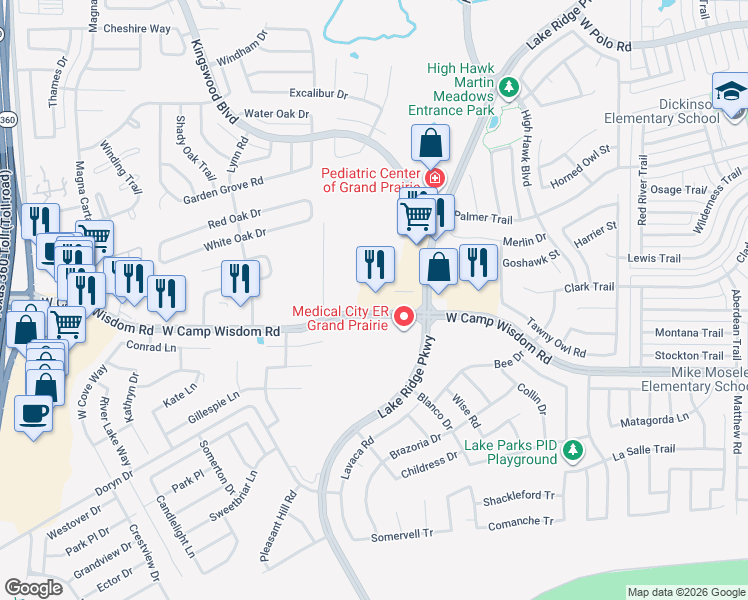 map of restaurants, bars, coffee shops, grocery stores, and more near 5125 Lake Ridge Parkway in Grand Prairie
