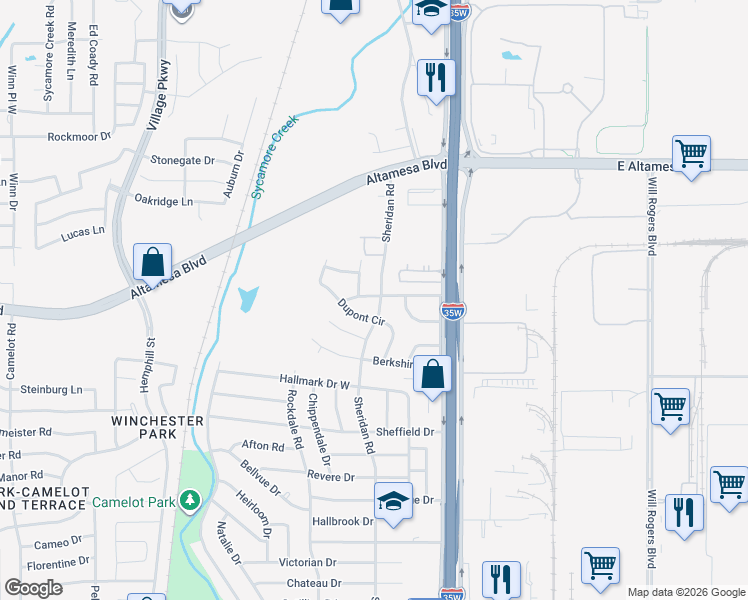 map of restaurants, bars, coffee shops, grocery stores, and more near 6616 Sheridan Road in Fort Worth