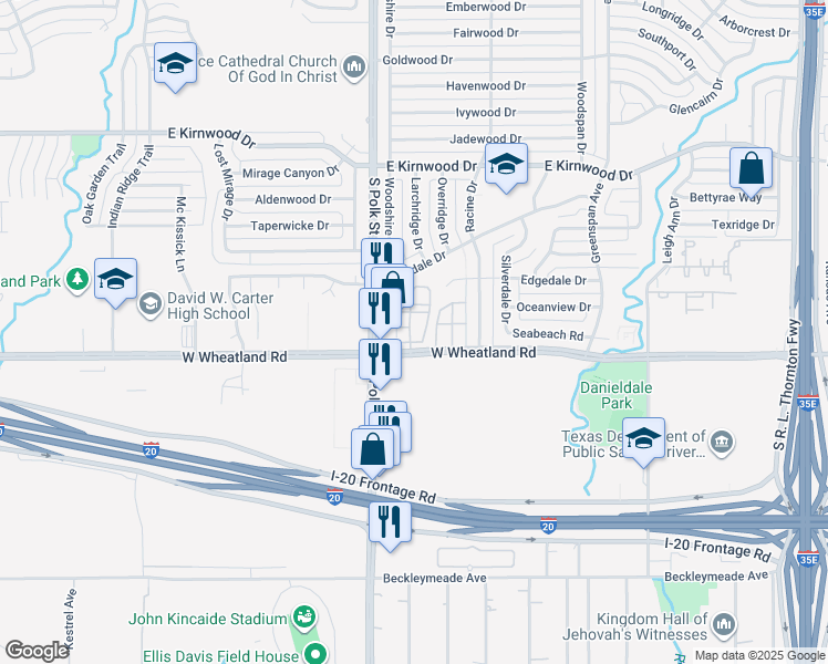 map of restaurants, bars, coffee shops, grocery stores, and more near 1025 West Wheatland Road in Dallas