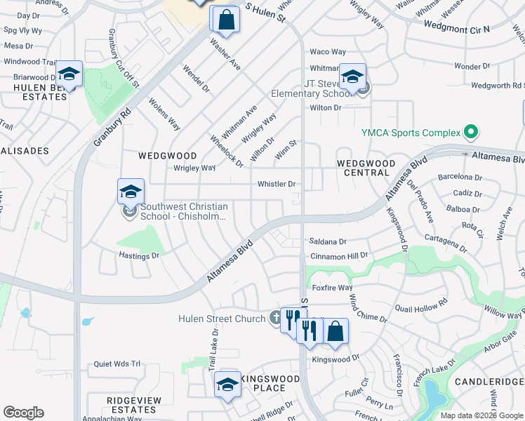 map of restaurants, bars, coffee shops, grocery stores, and more near 6758 Wills Place in Fort Worth