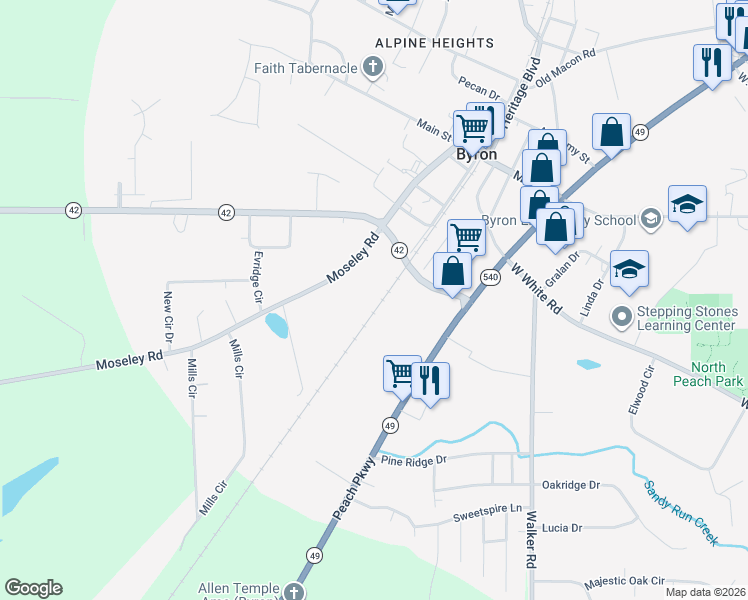 map of restaurants, bars, coffee shops, grocery stores, and more near West Railroad Street in Byron