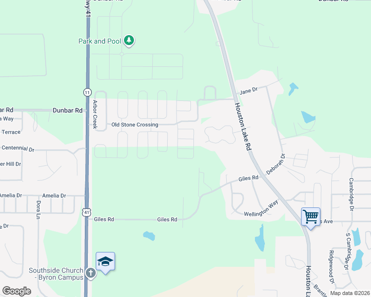 map of restaurants, bars, coffee shops, grocery stores, and more near 104 Ainsley Court in Warner Robins