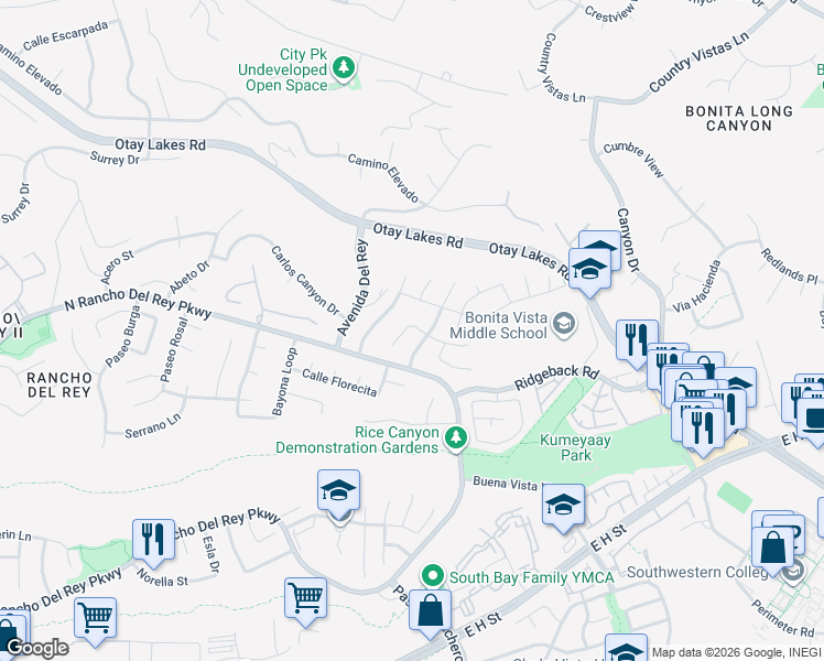 map of restaurants, bars, coffee shops, grocery stores, and more near 604 Via Armado in Chula Vista