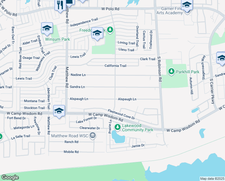 map of restaurants, bars, coffee shops, grocery stores, and more near 1202 Sandra Lane in Grand Prairie
