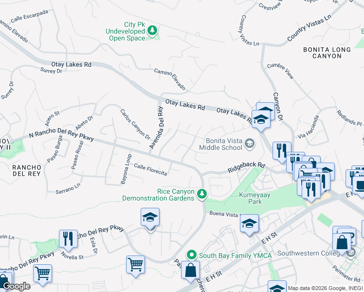 map of restaurants, bars, coffee shops, grocery stores, and more near 604 Via Armado in Chula Vista