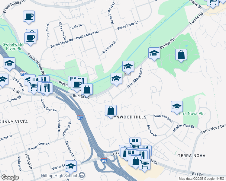 map of restaurants, bars, coffee shops, grocery stores, and more near 3248 Bonita Road in Chula Vista