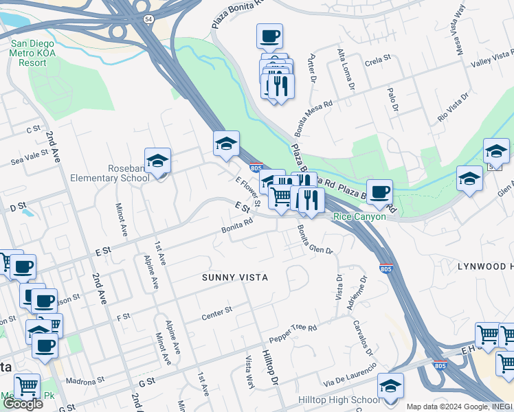 map of restaurants, bars, coffee shops, grocery stores, and more near 71 East Flower Street in Chula Vista
